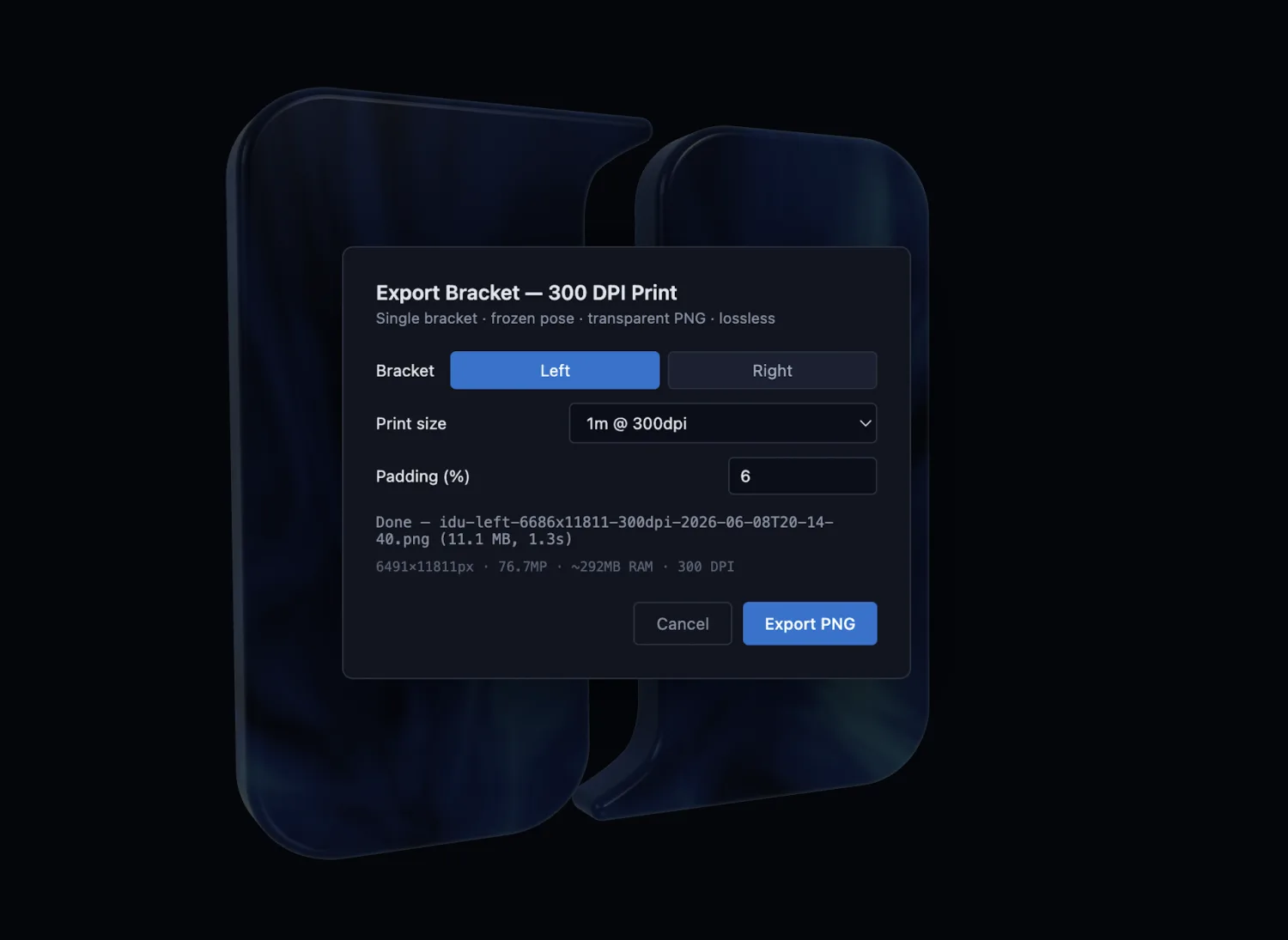 The print export panel, exporting a single bracket at 300 DPI for large-format print.