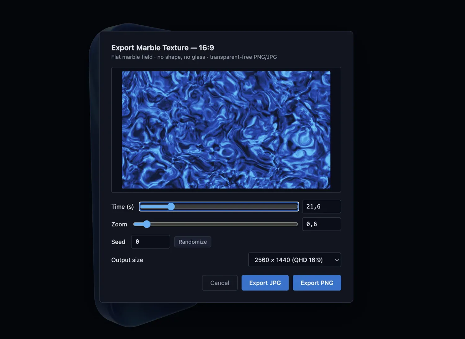 The marble texture export panel, with time, zoom and seed controls over a flat marble field.